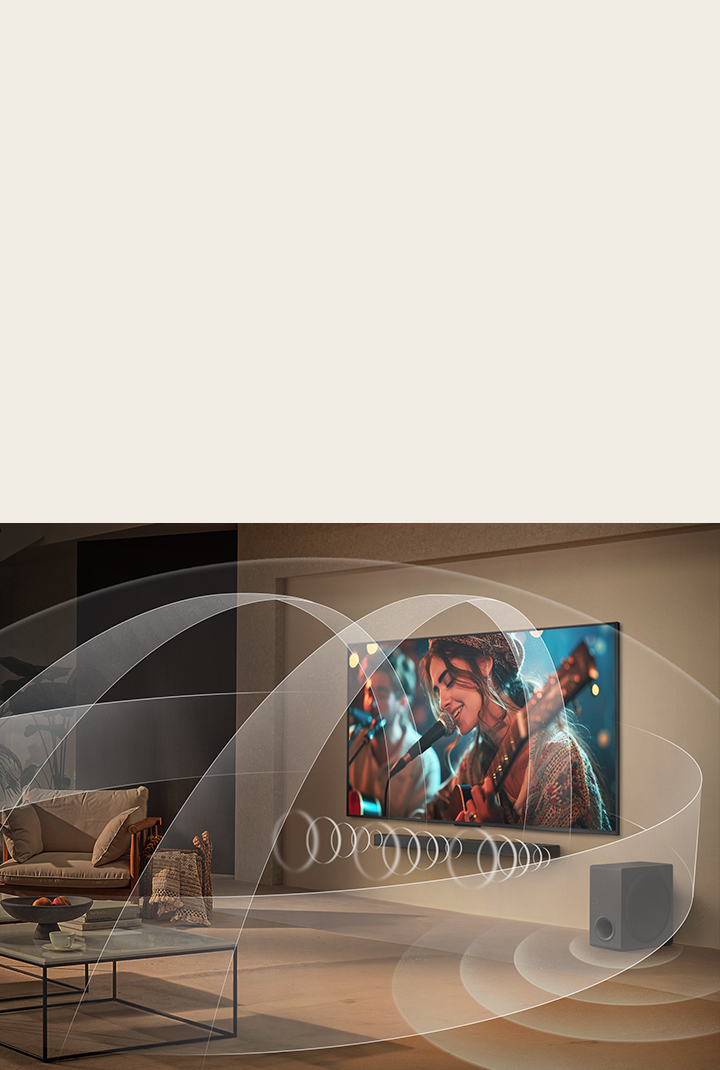 Living room with an LG QNED TV and LG Soundbar with graphics representing how both devices fill the space with multi-surround sound.