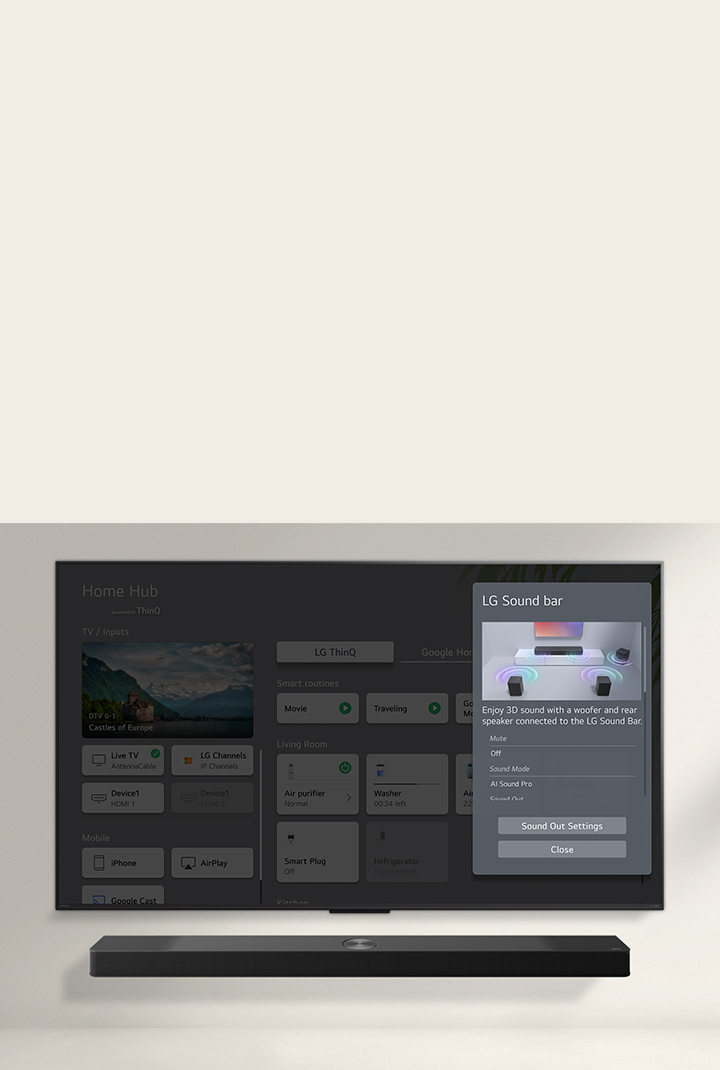 LG Soundbar is below an LG QNED TV. On the TV screen is the UI for the soundbar and TV volume controls.