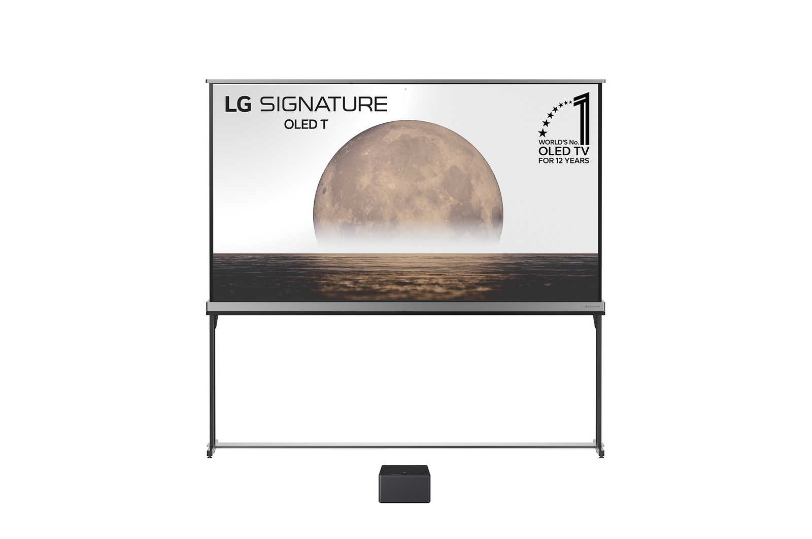 Front view of 77 Inch LG SIGNATURE OLED T, World's First Transparent & True Wireless OLED TV OLED77T49LA
