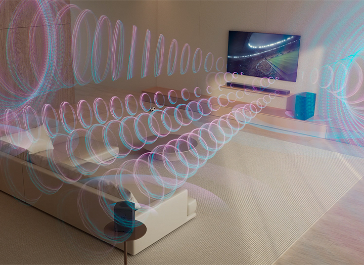 Virtual sound waves are coming out from the LG TV, LG Soundbar and its rear speakers and subwoofer simultaneously and filling the space.
