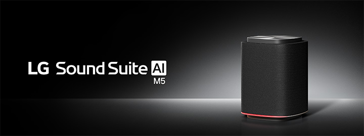 LG Sound Suite M5 wireless speaker with a black textured design and red light for immersive surround sound systems