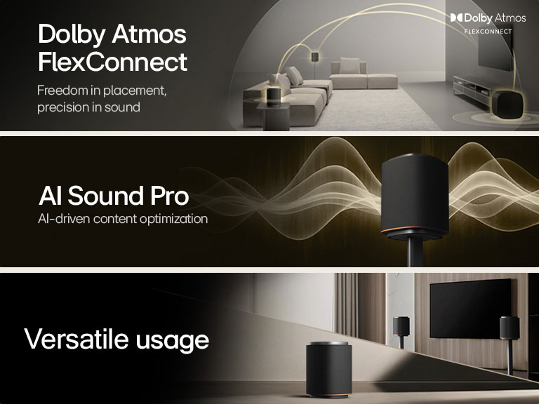 1) LG Sound Suite with Dolby Atmos FlexConnect technology detects each speaker’s location to optimize surround sound systems 2) LG Sound Suite speaker emitting golden sound waves, illustrating AI Sound Pro for an optimized home sound system 3) LG Sound Suite speakers arranged with a TV , highlighting versatile use for home audio systems