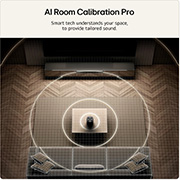 Feature card AI Room Calibration Pro with wave audio coming out from the M5 as an illustration of how it works by scanning the area