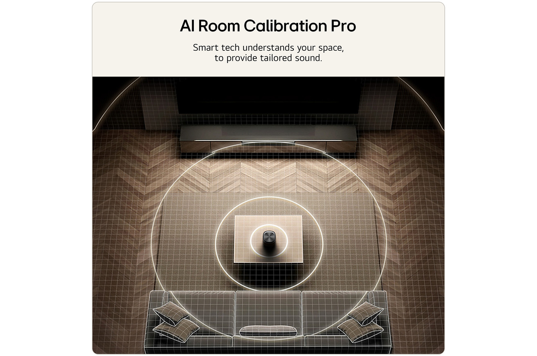Feature card AI Room Calibration Pro  with wave audio coming out from the M5 as an illustration of how it works by scanning the area