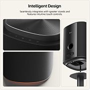Feature card Intelligent Design - showing 3 shots of the M7 which can be seamlessly integrates with speaker stands and feature intuitive touch controls