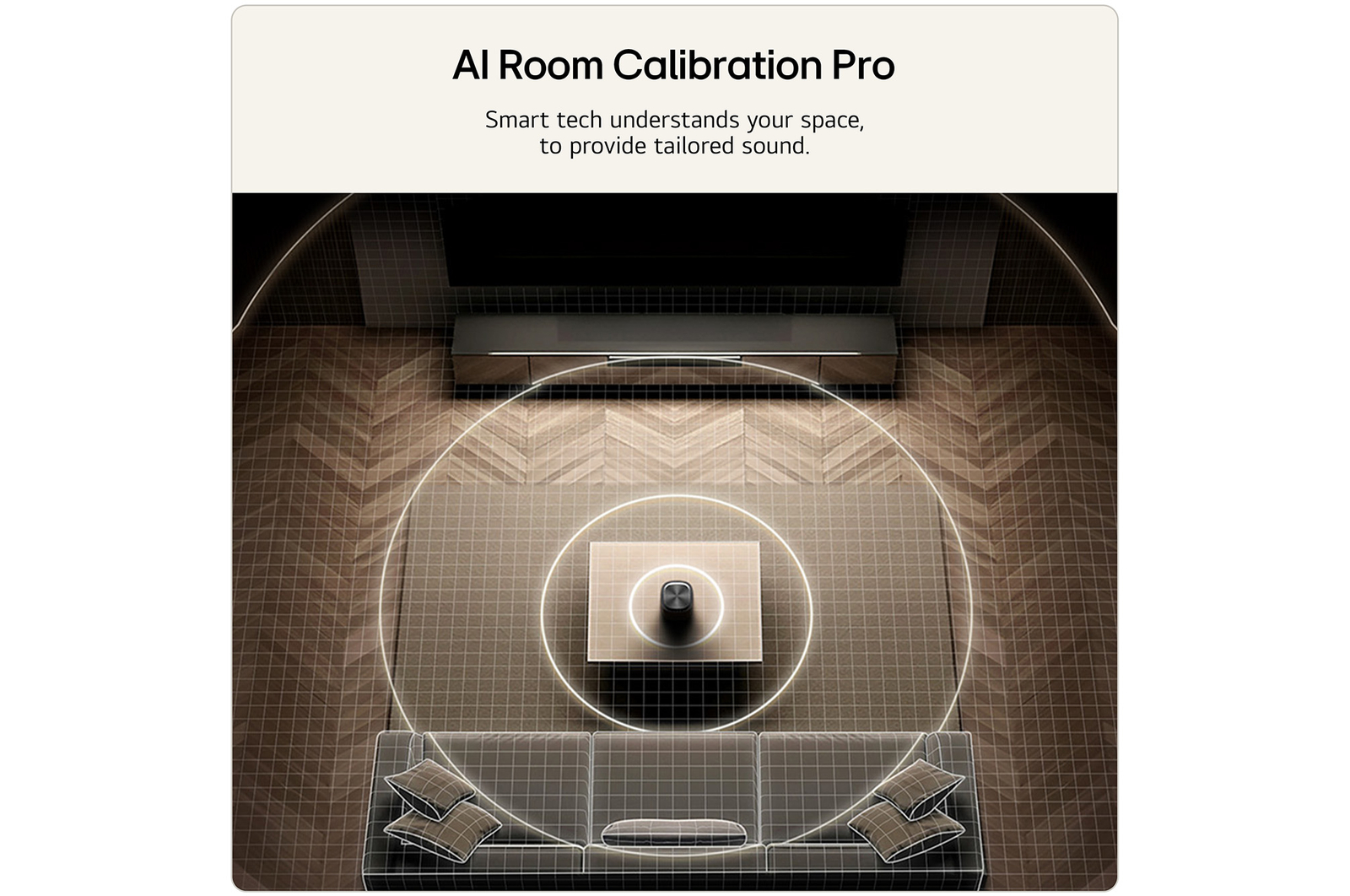 Feature card AI Room Calibration Pro  with wave audio coming out from the M7 as an illustration of how it works by scanning the area