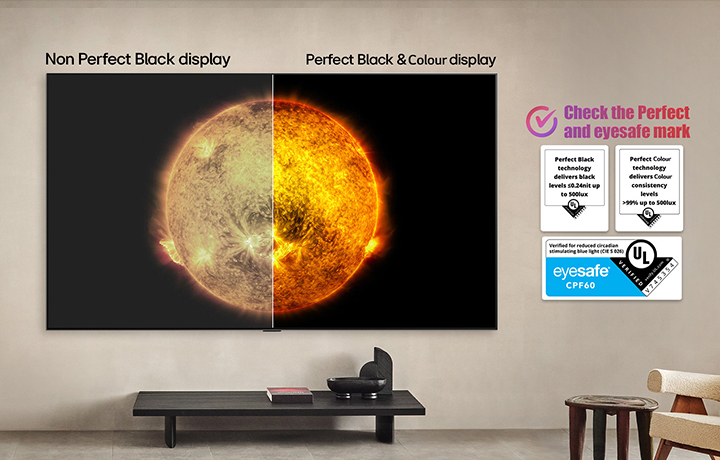 LG OLED TV showing a visual comparison between a display with Perfect Color and Perfect Black and one without. UL and eyesafe certifications are visible with text prompting to check the marks.