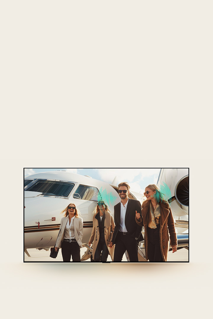 A group of people walking on an airport runway. Behind them is a plane. It looks like the group just got off the plane and its engines are still running. Abstract sound waves are coming from some of the people as they're talking, representing how despite the loud background noise, voices can easily be heard and understood with Al Voice Remastering.