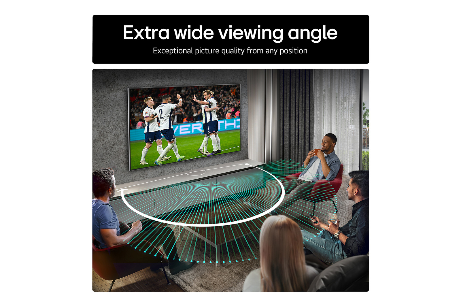 Living room space with a wall-mounted LG OLED TV. On the TV is a mountain range against a dark evening sky filled with stars. This scene is split in half. One side shows a duller, grayer version of the landscape labeled, Non Perfect Black display. On the other side is a more pleasing picture with a larger dynamic range of blacks and whites. 