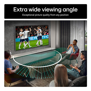Living room space with a wall-mounted LG OLED TV. On the TV is a mountain range against a dark evening sky filled with stars. This scene is split in half. One side shows a duller, grayer version of the landscape labeled, Non Perfect Black display. On the other side is a more pleasing picture with a larger dynamic range of blacks and whites. 