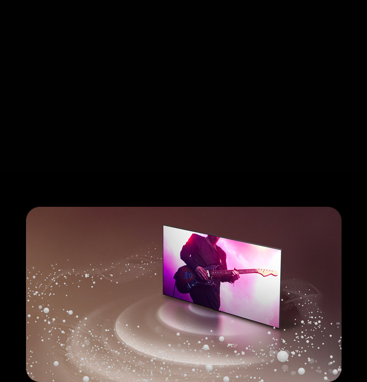 An LG OLED TV displaying a guitar performance floats against a light mauve backdrop. White beads of sound and waves project from the TV and circle around it.	