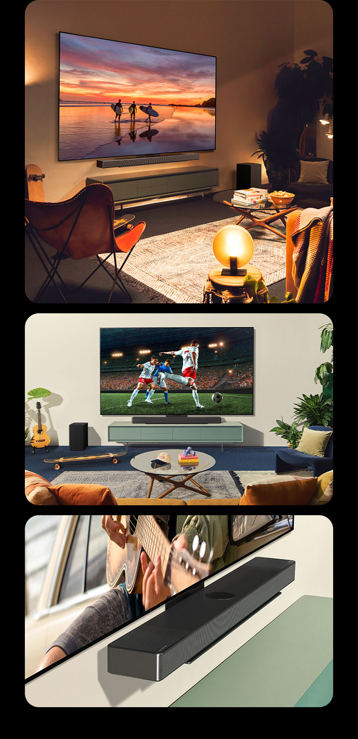Three images are shown in sequence. Firstly, a side profile view of LG OLED evo C4 showing landscape photography in a casual and bohemian-style living room with warm lights. And then, two women enjoying and cheering on the soccer game playing on LG OLED evo C4 in a bright and casual living room. The LG Soundbar USC9S attaches neatly to the TV. Lastly, an angled crop view of LG OLED evo C4 attached to LG Soundbar USC9S with the Synergy Bracket. 