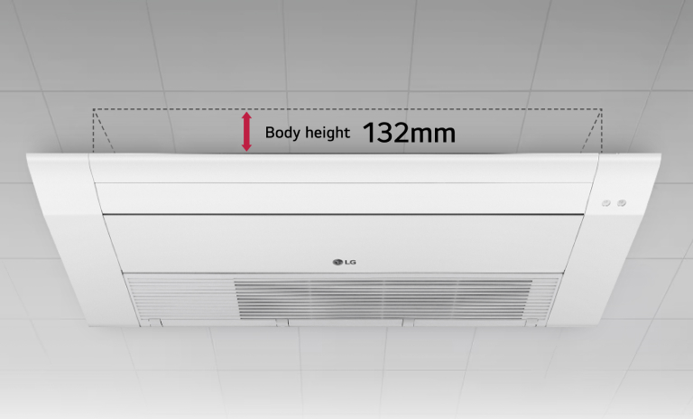 Se muestra el cassette de techo LG One Way, con una línea de puntos y una flecha roja que marcan la altura del cuerpo de la unidad de 132 mm.