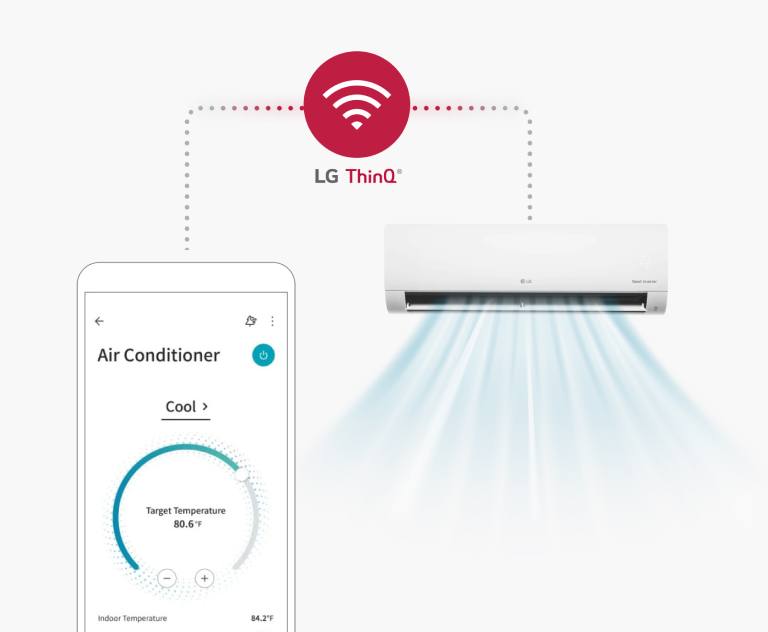 An LG Ceiling Mounted Cassette circulates visible airflow in a spacious, warm-toned living room filled with a sofa, table, and trees.