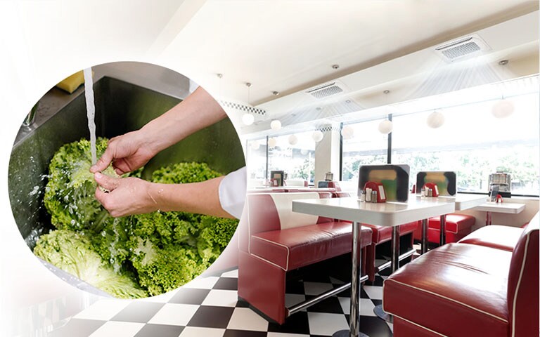 Images of someone washing vegetables with hot water and a fast food restaurant interior.