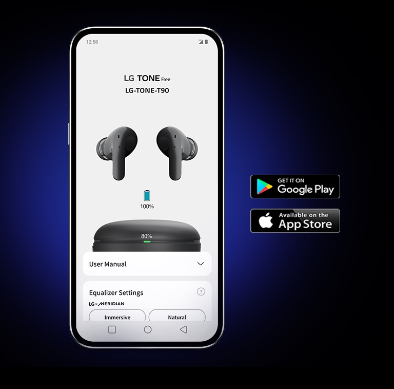 A smartphone showing the LG TONE Free App against a dark background. Made for iPhone and Get it on Google Play icons are shown on the right.