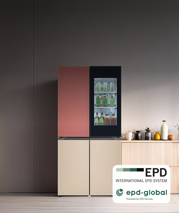 An image of an LG refrigerator product. A four-door refrigerator with a pink upper section and beige lower section is placed in an interior setting; part of the upper door is transparent, revealing beverages and food inside. In the lower right, the EPD INTERNATIONAL EPD SYSTEM and epd-global Powered by EPD-Norway certification marks are displayed.