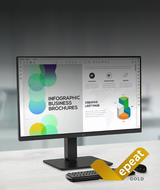 LG monitor on a desk with an EPEAT Gold certification logo in the bottom right corner.
