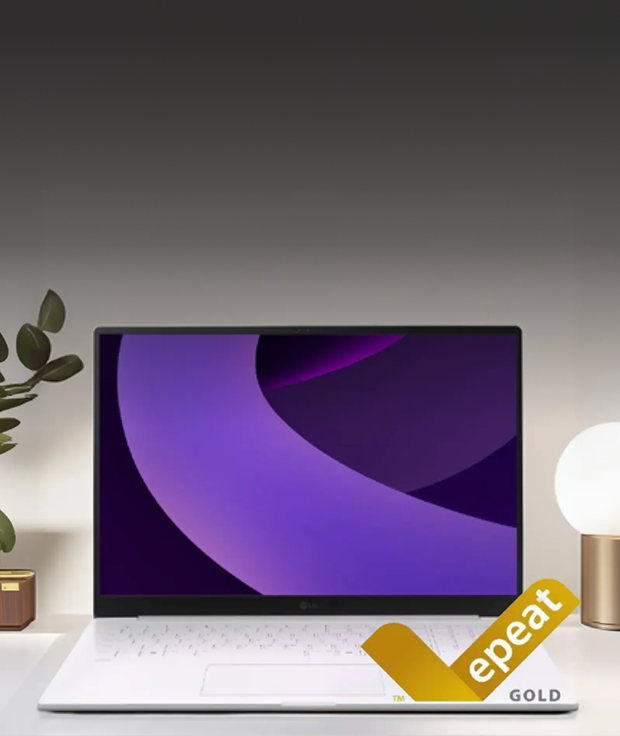 LG gram Pro AI laptop on a desk with an EPEAT Gold certification logo in the bottom right corner.
