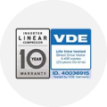 INVERTER LINEAR COMPRESSOR 10 YEAR WARRANTY certification mark. VDE certification mark reading: Life time tested, Direct Drive Motor, 4,400 cycles (20-year lifetime), ID. 40036915, Tested by VDE Germany.