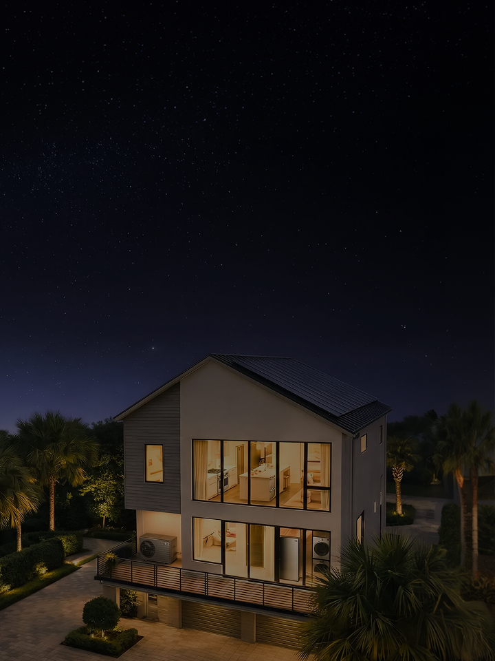 A panoramic view of a two-story house illuminated under the night sky. An outdoor air conditioning unit is installed on the terrace, and various home appliances such as a refrigerator, washing machine, and dryer are visible inside the house through large glass windows.