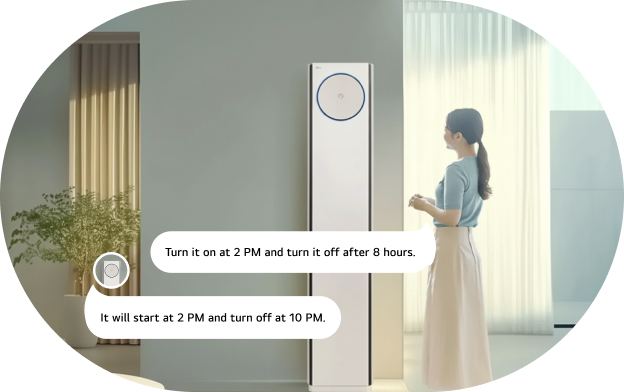 'An image of the LG air conditioner AI voice command feature. A woman stands in front of an LG standing air conditioner with voice command and response speech bubbles displayed. Command: 'Turn it on at 2 PM and turn it off 8 hours later.' Response: 'Starting operation at 2:00 PM and shutting off at 10:00 PM.'