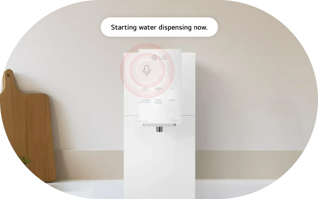An image of the LG water purifier AI voice response feature. The voice recognition icon is activated on the front of the LG water purifier, and a response speech bubble is displayed. Response: 'Starting to dispense water.'