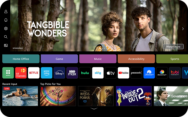 A smart TV home screen displaying a TANGIBLE WONDERS content banner at the top, followed by category tabs including Home Office, Gaming, Music, Accessibility, and Sports. The app section shows icons for LG Channels, Netflix, Prime Video, Disney+, HBO Max, Hulu, Sling, Apple TV, YouTube, Peacock, Paramount+, Discovery+, and Tubi. The bottom section provides recently used inputs and widget-based personalized content.