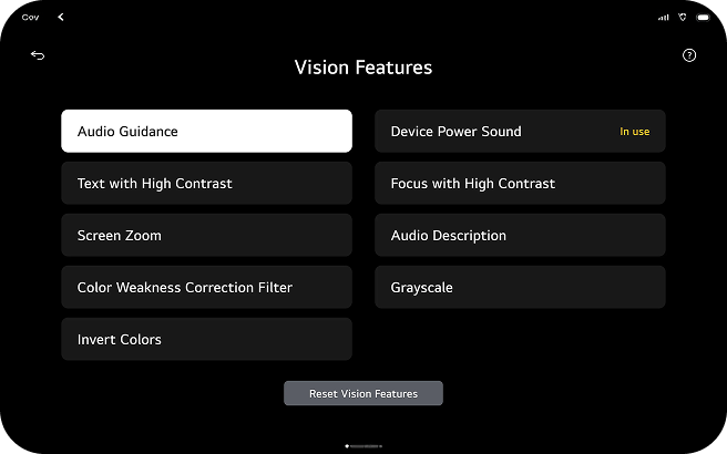 A list of Vision Features for TV viewing support, including: Audio Guidance, High Contrast Text, Screen Zoom, Color Weakness Correction Filter, Color Inversion, Device Power Sound (in use), High Contrast Focus, Audio Description, and Grayscale.