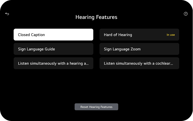 A list of accessibility settings for users with hearing impairments, including: Closed Captions, Sign Language Guide, Use with Hearing Aid, Captions with Audio Description (in use), Sign Language Zoom, and Use with Cochlear Implant.