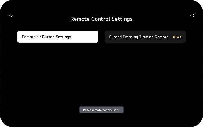 Remote Control Settings screen listing options to make remote control easier, including: Remote Control Button Settings and Slow Button Repeat (in use).