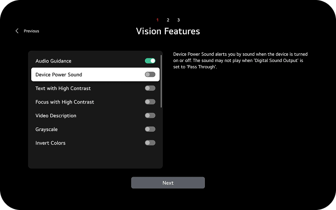 Vision Features setup screen listing the following toggle options: Audio Guidance (On), Device Power Sound (Off), High Contrast Text (Off), High Contrast Focus (Off), Audio Description (Off), Grayscale (Off), Color Inversion (Off). A 'Next' button is provided at the bottom.