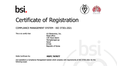 BSI Certificate of Registration image. Certified for COMPLIANCE MANAGEMENT SYSTEM — ISO 37301:2021. Issued to LG Electronics, Inc. Head office at 128 Yeoui-daero, Yeongdeungpo-gu, Seoul, 07336, Republic of Korea. Certificate number: MSFC 767077. Certifies the operation of a compliance management system in accordance with the requirements of ISO 37301:2021.