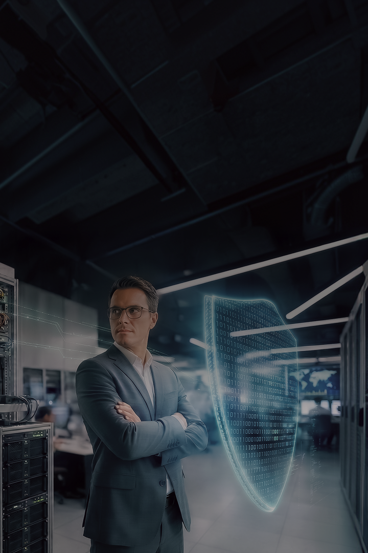 A man in a suit and glasses standing with his arms crossed next to a glowing digital shield graphic
