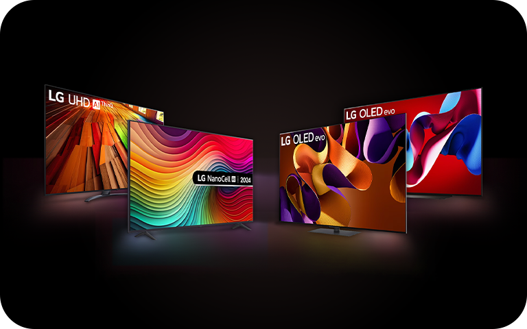Four LG smart TVs in various colors: OLED evo TV, OLED TV, LG UHD AI and LG NANOCELL AI TV models displayed together.