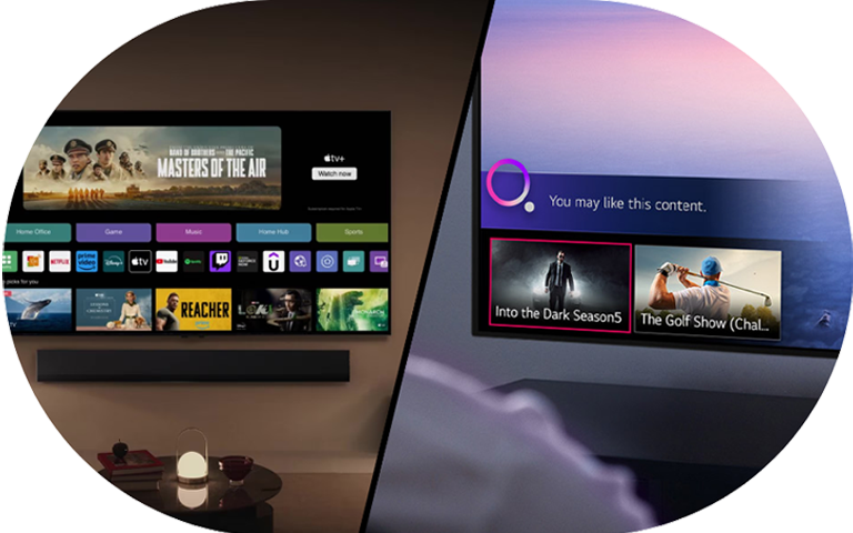 Two images of an LG TV displaying various apps, highlighting the LG webOS Re:New program features.