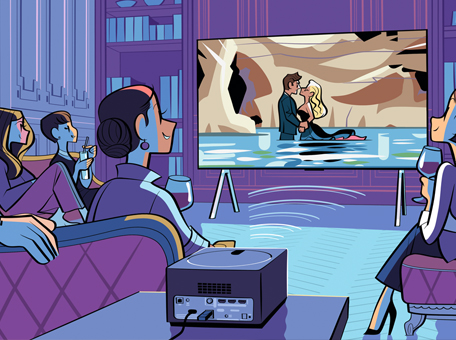 A group of people are enjoying a movie on the OLED M screen, while the Zero Connect Box is shown transmitting the contents of the screen in the foreground.