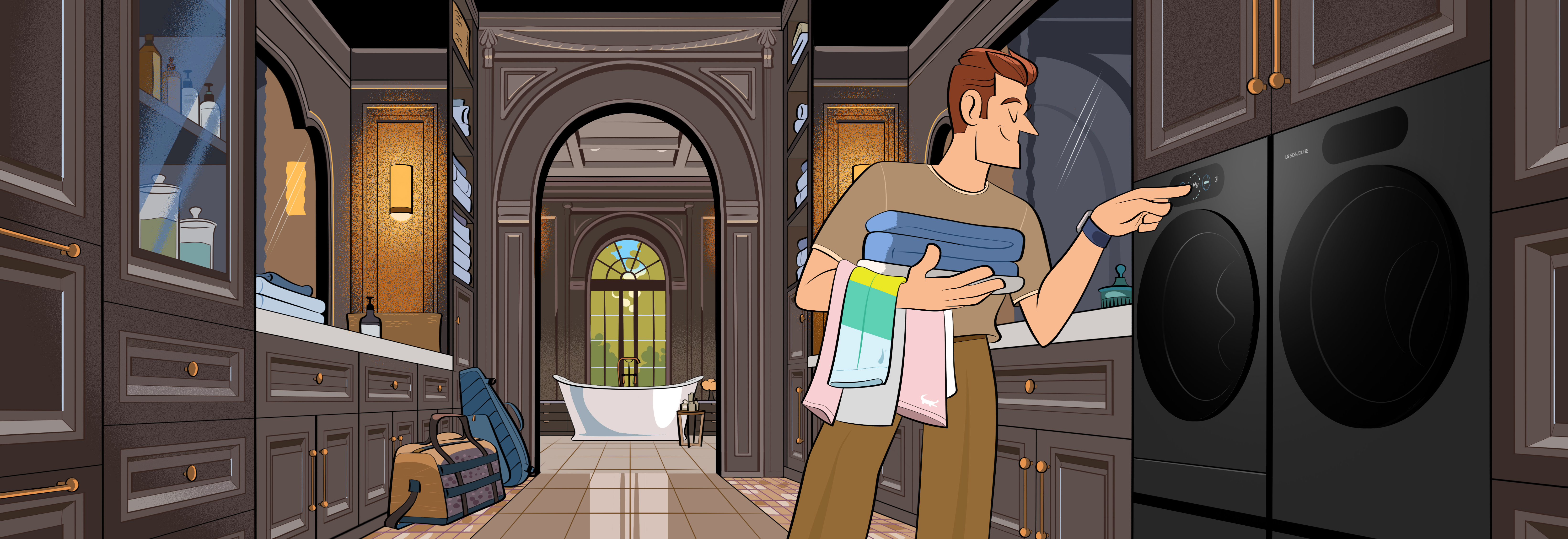 A painting of a man operating a washing machine.