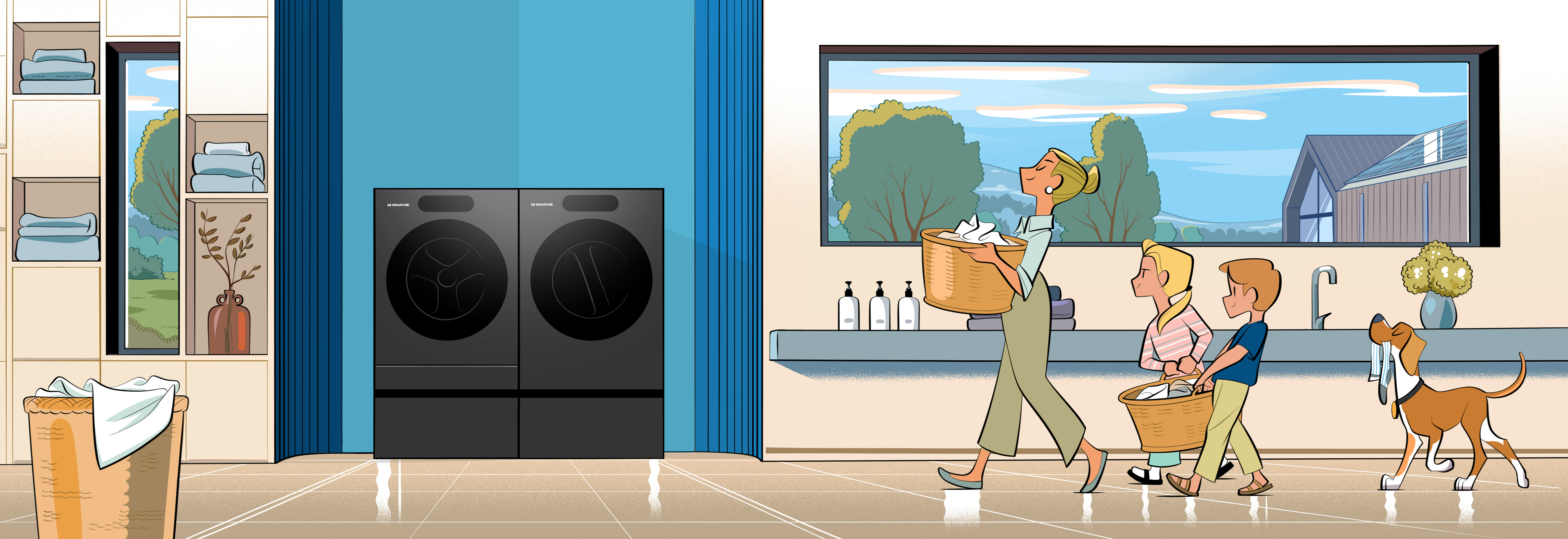 A painting of a family carrying a laundry basket to the washing machine.
