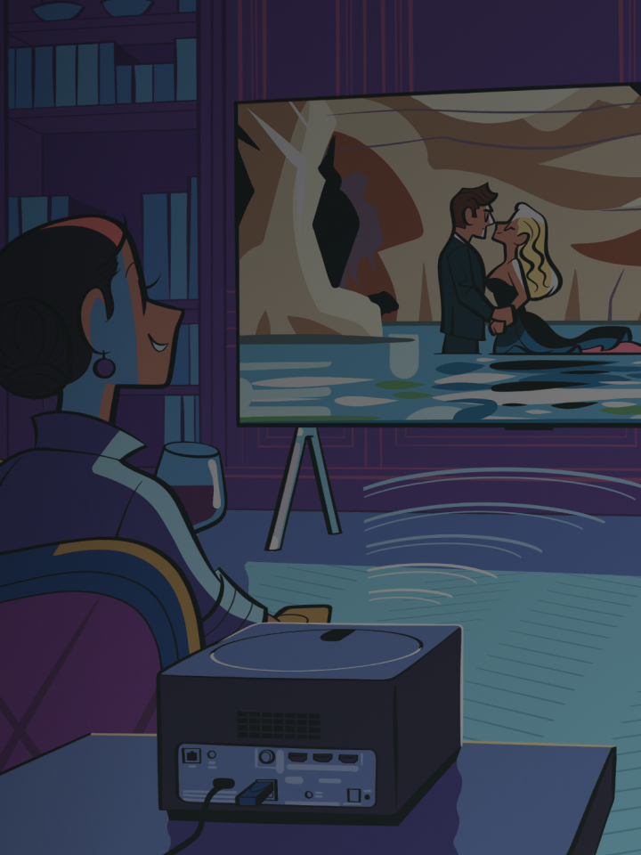A group of people are enjoying a movie on the OLED M screen, while the Zero Connect Box is shown transmitting the contents of the screen in the foreground.