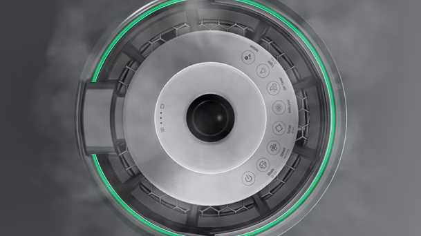A view from above the Air Purifier with puffs of water vapor surrounding the machine.