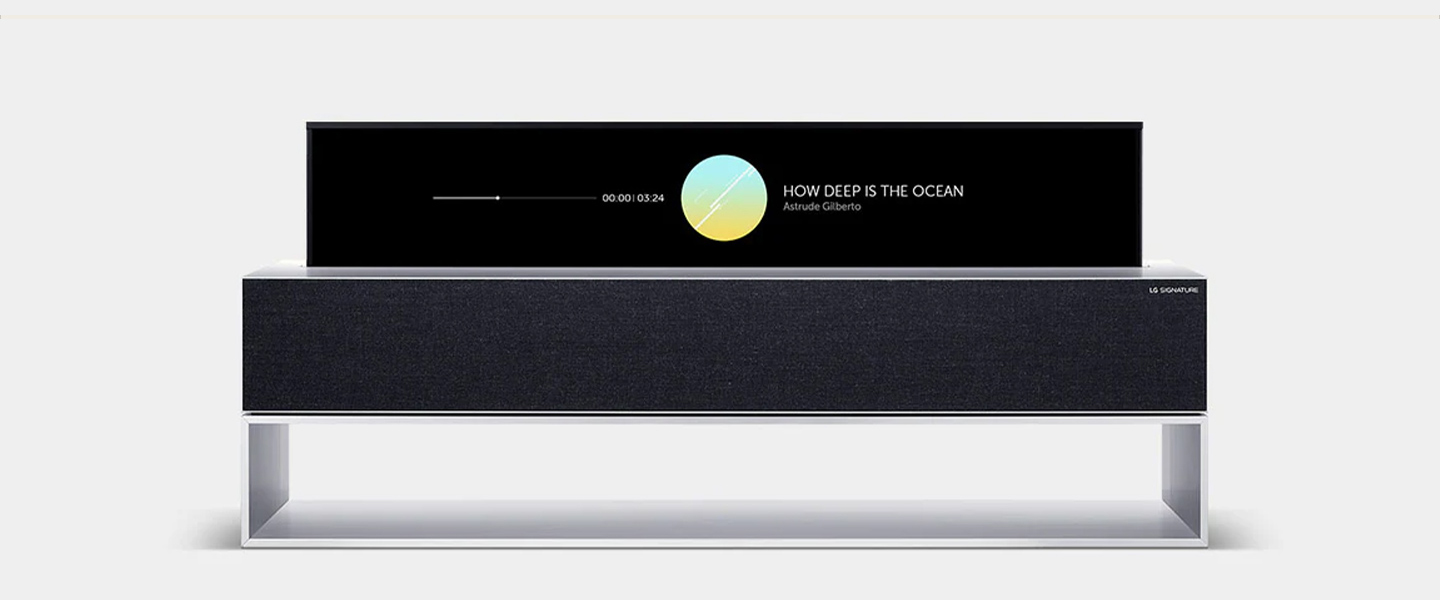 LG SIGNATURE Rollable OLED TV's line view screen displays icons: Music, Clock, Frame, Mood, and ThinQ Home Dashboard.