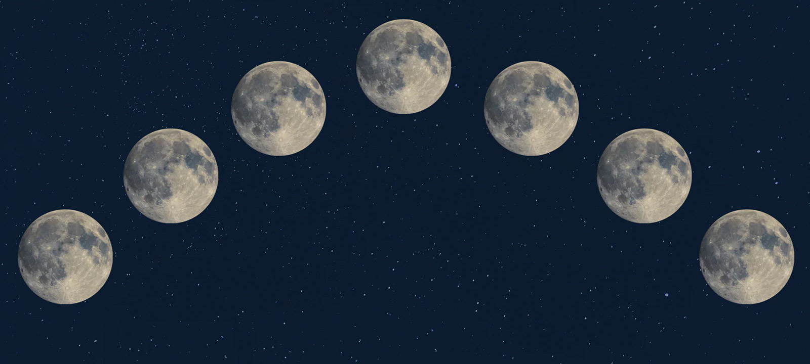 An Image of seven full moon aligned across the night sky.