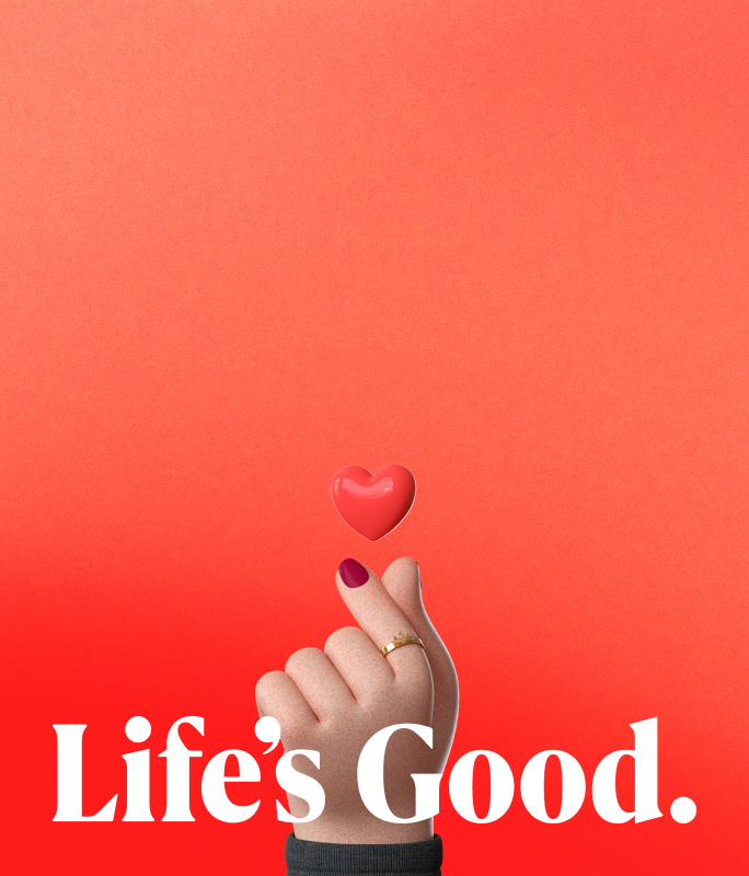 On a background of Active Red, LG Electronics' brand color, a digital-style hand forms a finger heart using the thumb and index finger, with a red heart above it, overlaid with the slogan Life's Good.