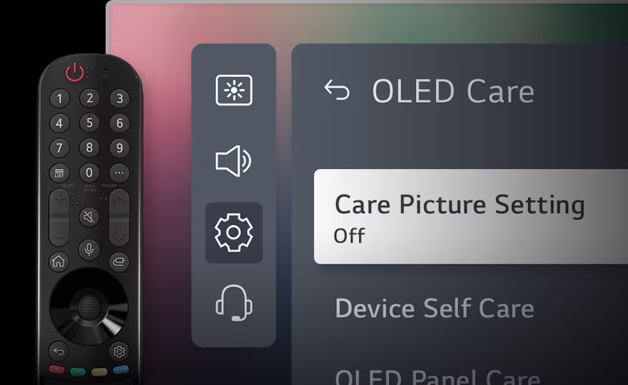 An image of the remote control and LG OLED Care menu