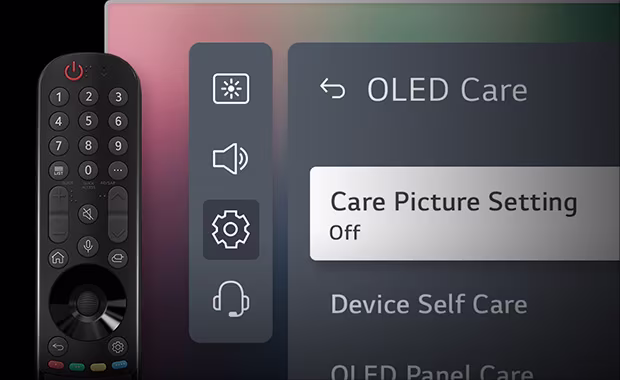 An image of the remote control and LG OLED Care menu