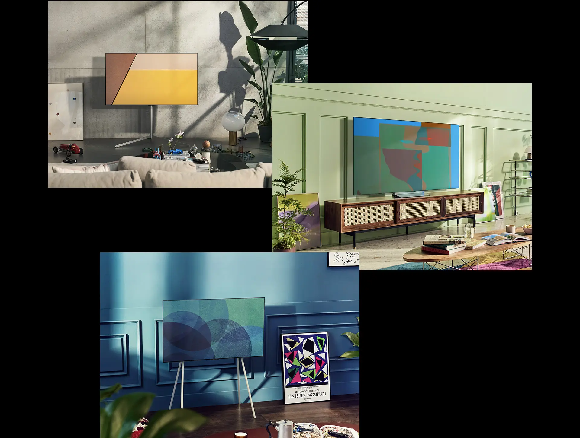 A gallery stand LG OLED television is in a modern minimalist room. A swivel stand LG OLED television is in a room. A floor stand LG OLED television is in a cozy room 