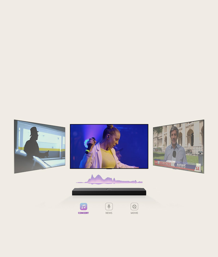 LG Soundbar is showing three different TV screens. The one directly above first plays a music concert with a woman singing. The TV screen showing a news broadcast moves to the middle and starts playing. Then, the TV screen showing an action scene with a woman running up the stairs moves to the middle and starts playing. In between the TV and soundbar, there is a soundwave changes color whenever the tv screen switches to one another, correlating to the genre.